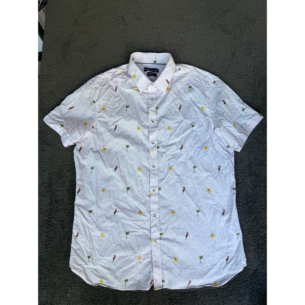 Angelo Litrico Mens XL Slim Fit Light Pink Tropical Parrot Palm Tree Shirt